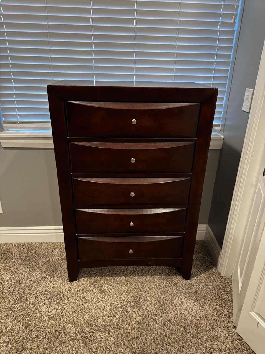 Dark Wood Dresser, 5-Drawer Chest with Curved Front and Silver Pulls