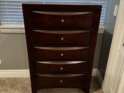 Dark Wood Dresser, 5-Drawer Chest with Curved Front and Silver Pulls