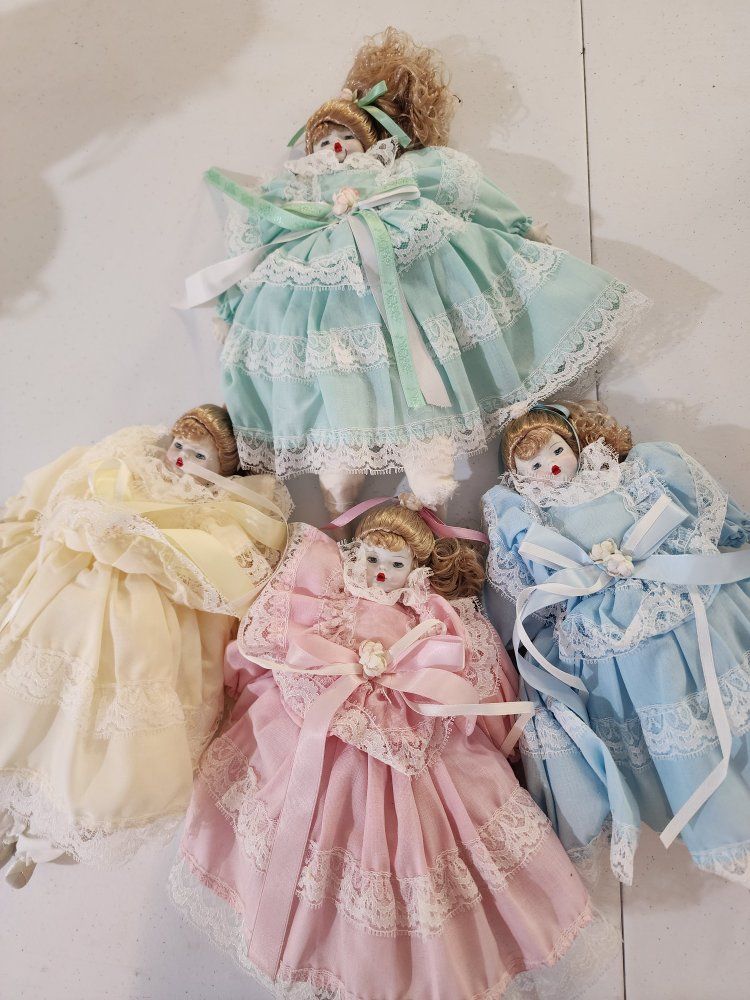Vintage Porcelain Dolls - Lot of 4 - Victorian Style Dresses Pastel Colors Lace & Ribbons