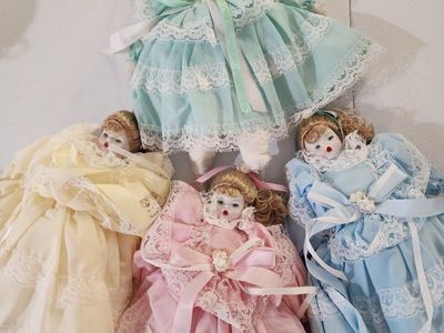Vintage Porcelain Dolls - Lot of 4 - Victorian Style Dresses Pastel Colors Lace & Ribbons