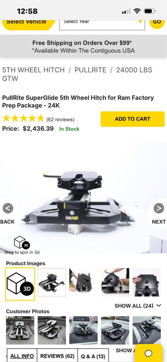 Pullrite SuperGlide 5th hitch for Ram puck system short bed