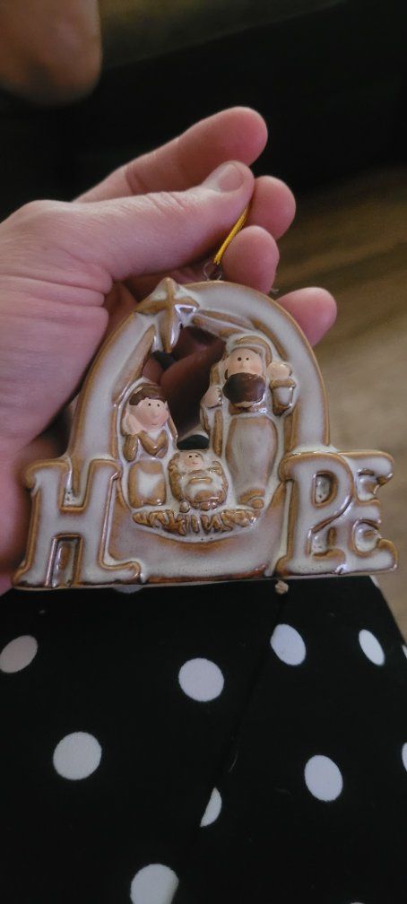 Ceramic Nativity Scene "HOPE" Christmas Ornament - Tan/Brown, Festive Decor