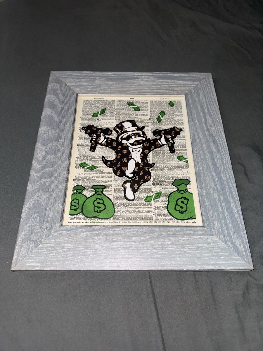 Framed Monopoly Man with Guns and Money Art Print on Dictionary Page