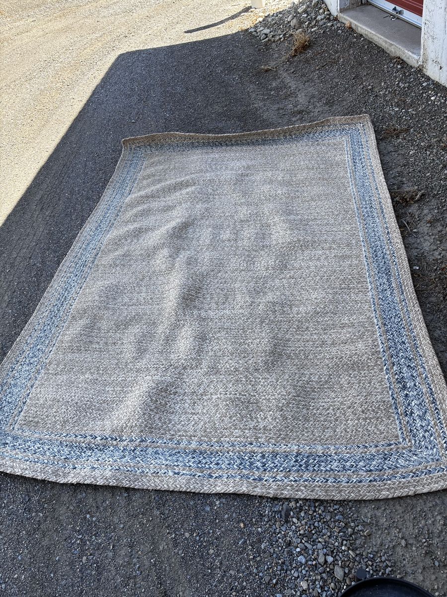 Braided Area Rug with Blue Border Tan and Blue