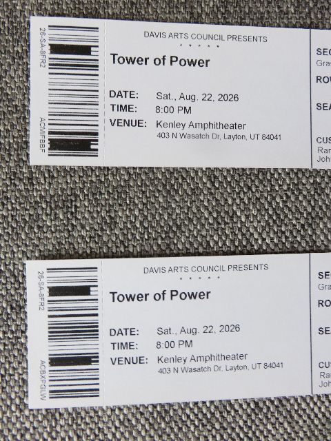 PAIR OF “TOWER OF POWER” GRASS SEATING TICKETS AT KENLEY AMPITHEATER - AUGUST 22ND CONCERT