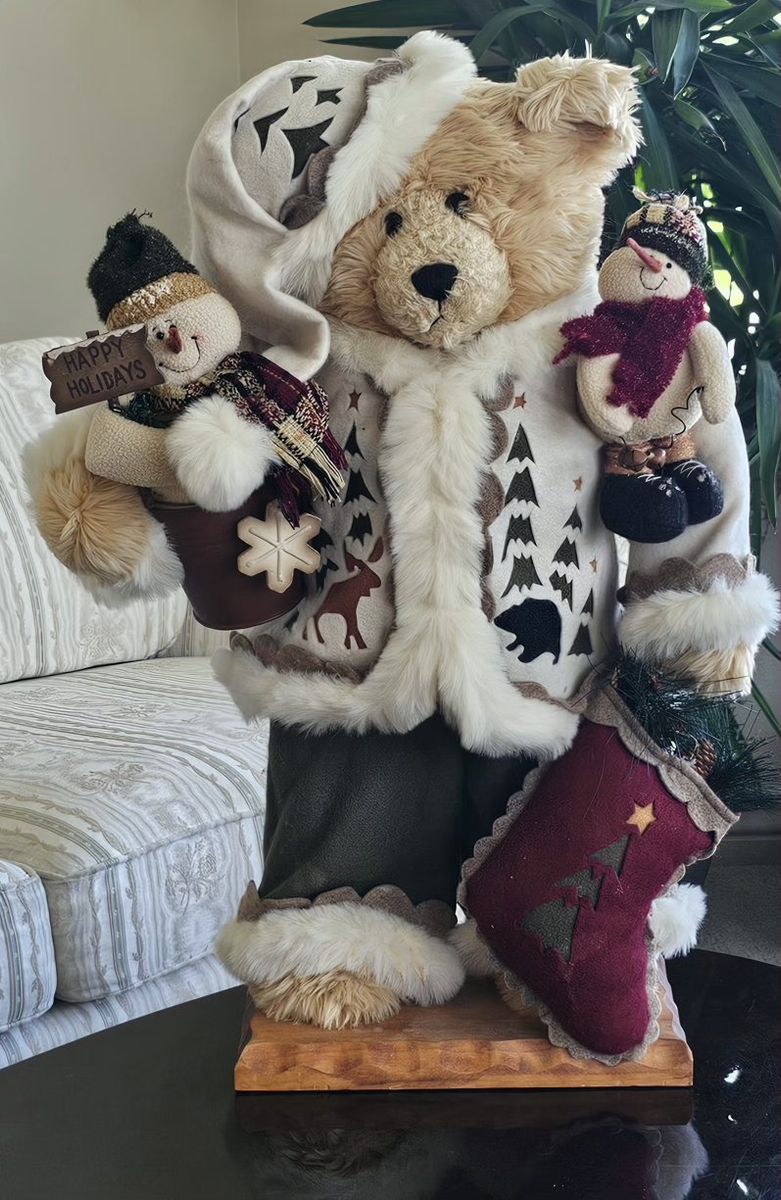 Large Holiday Christmas Bear Figurine with Snowmen and Stocking Wood Base 28"T