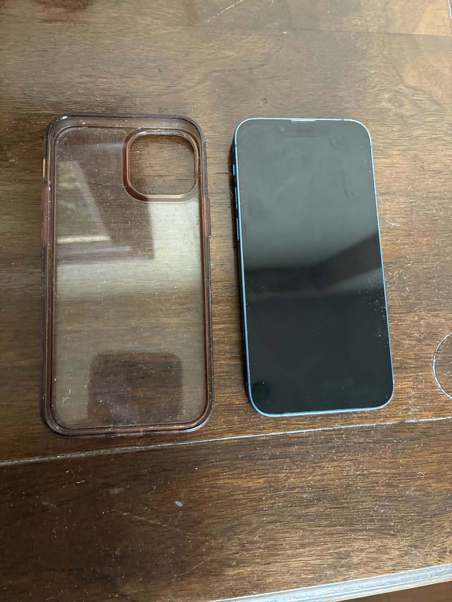 iPhone 13 mini cell phone with case blue Apple good condition unlocked 128 GB
