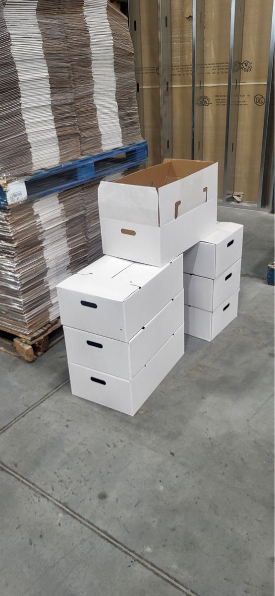White Corrugated Storage Totes with Handles - Sturdy Stackable Cardboard Bins