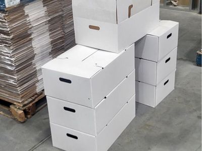 White Corrugated Storage Totes with Handles - Sturdy Stackable Cardboard Bins