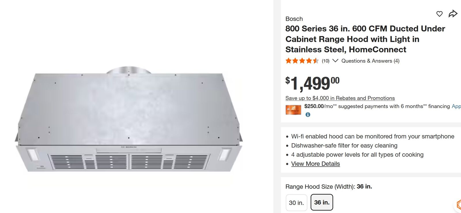 Bosch 36-in Ducted 600-CFM Stack Hood HUI86553UC NEW