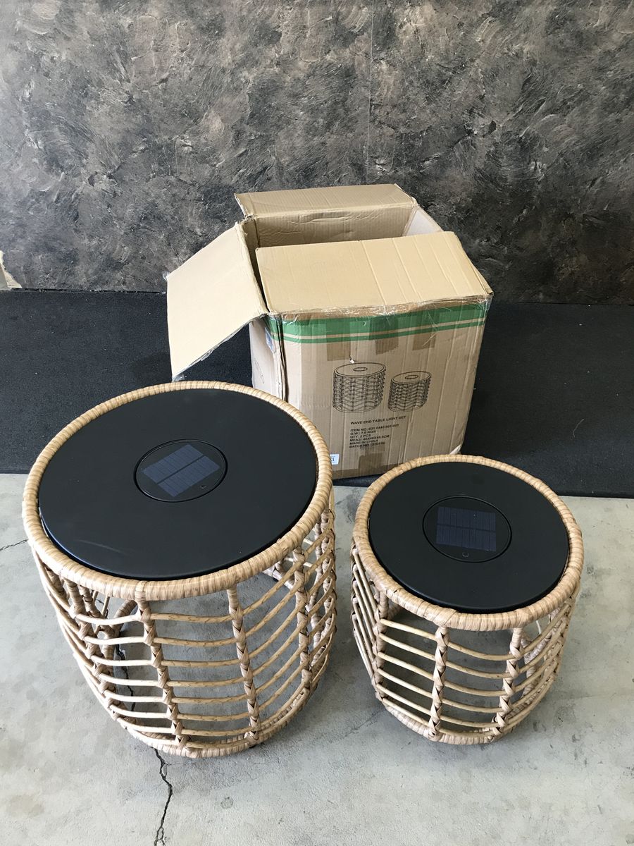 NEW GRANDPATIO Outdoor Boho Style Wave Wicker End Tables, Built-in Solar Lights