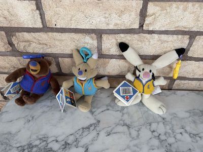 2002 SLC Olympic mascots, Mattel Roly Poly Figures: Franklin the Bear, Harriet the Bunny, & Homer the Hare Plush Toys w/ Clips