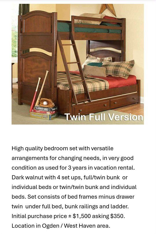 Versatile Dark Walnut Twin/Full Bunk Bed Set - Converts to Individual Beds - Excellent Condition