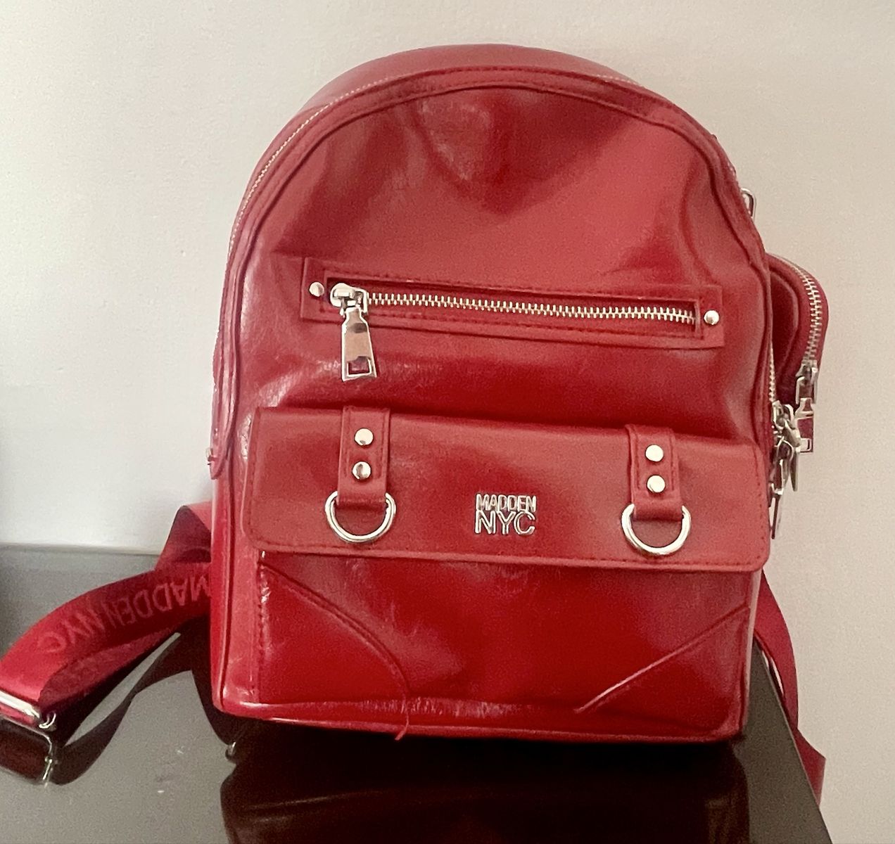 Madden NYC Red Patent Faux Leather Mini Backpack with Rhinestone Pouch - Stylish & Compact
