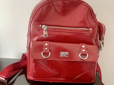 Madden NYC Red Patent Faux Leather Mini Backpack with Rhinestone Pouch - Stylish & Compact