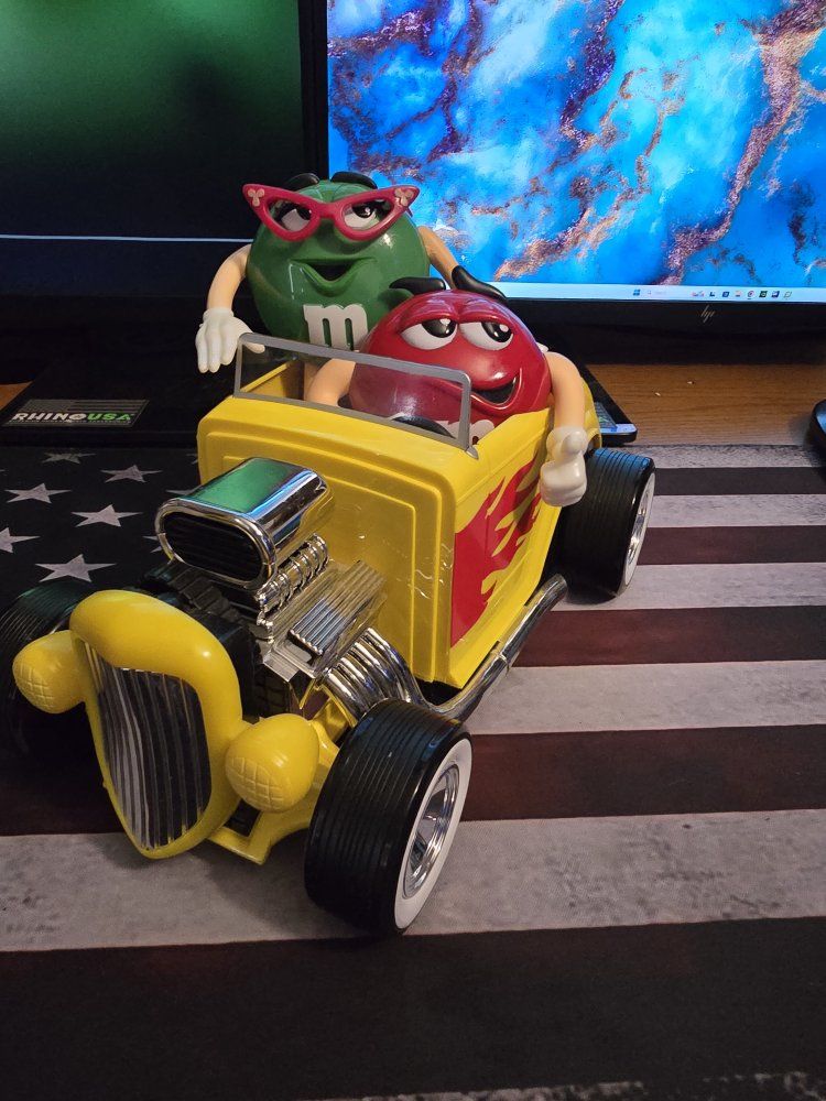 M&M's Hot Rod Candy Dispenser - Red and Green M&M's Characters, Yellow Hot Rod with Flames