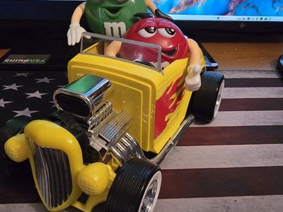 M&M's Hot Rod Candy Dispenser - Red and Green M&M's Characters, Yellow Hot Rod with Flames