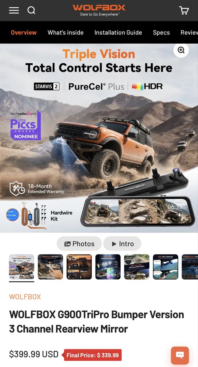 WOLFBOX G900TriPro Bumper Version 3 Channel Rearview Mirror Dash Cam