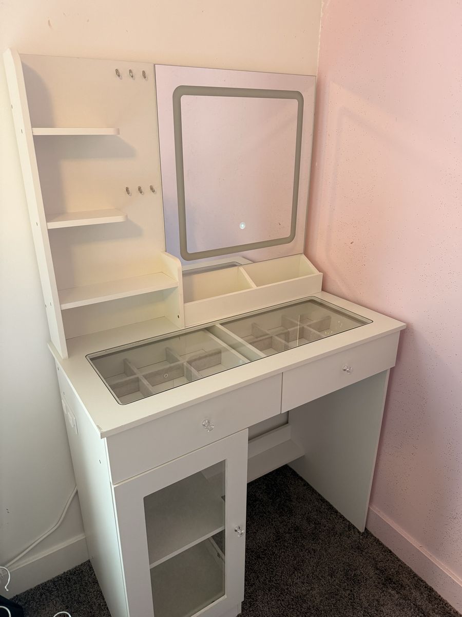 White Vanity Desk with LED Light Mirror and Glass Top Jewelry Drawers