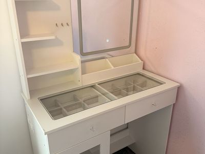White Vanity Desk with LED Light Mirror and Glass Top Jewelry Drawers