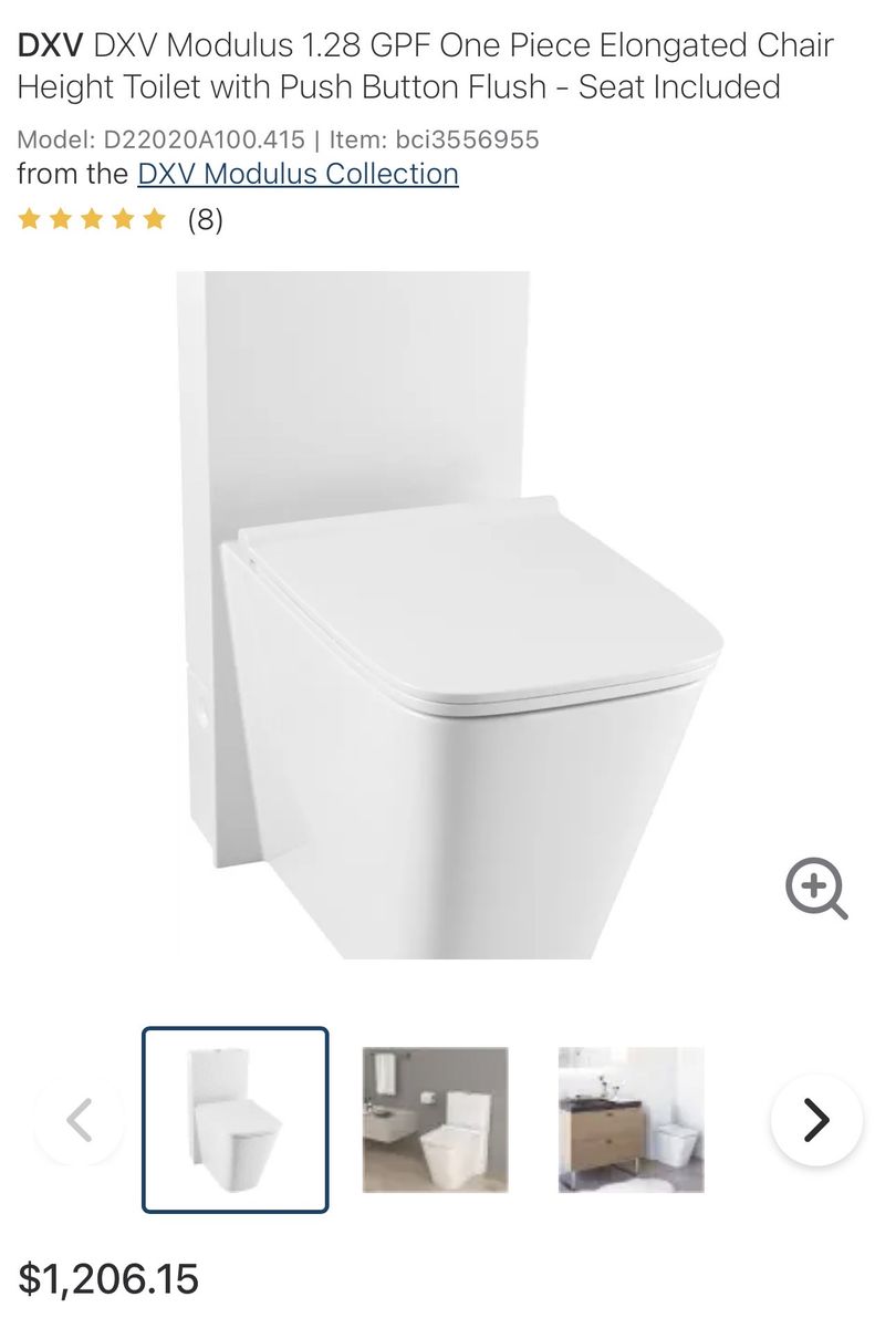DXV Modulus 1.28 GPF one piece elongated toilet with push button.