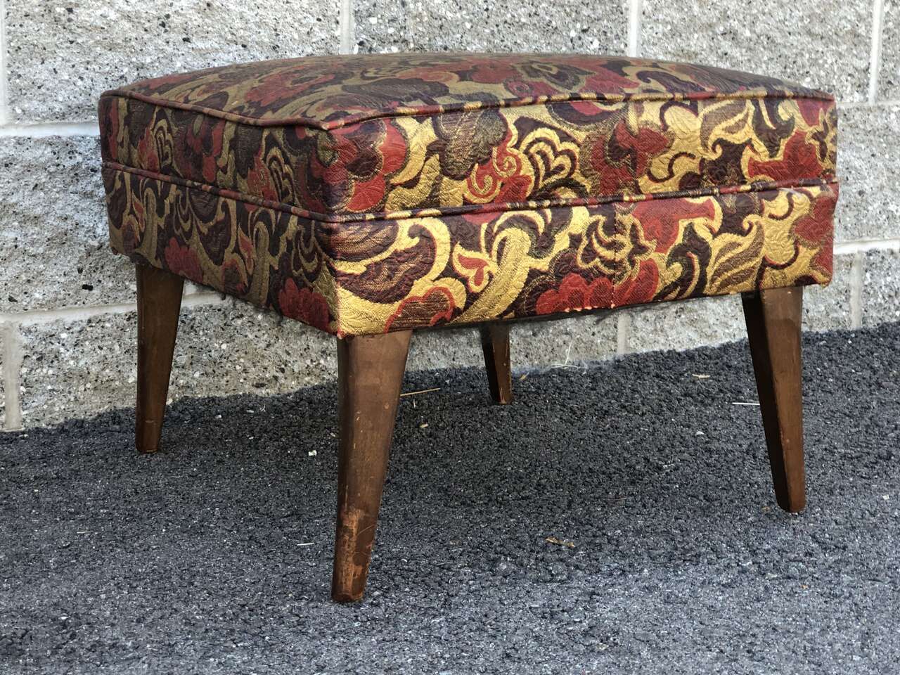 Vintage mid century modern ottoman, footstool vanity bench. Gorgeous legs and fab upholstery! Danish MCM styling