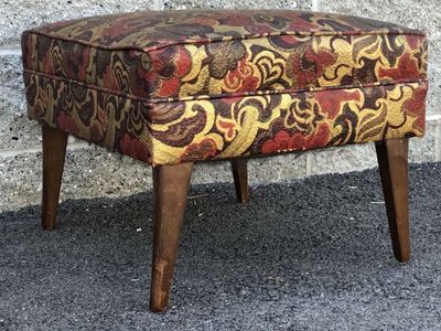 Vintage mid century modern ottoman, footstool vanity bench. Gorgeous legs and fab upholstery! Danish MCM styling