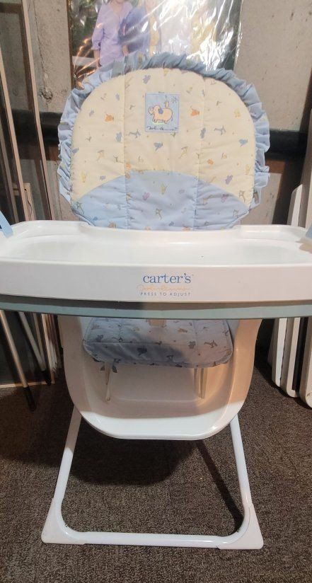 Carter's Press To Adjust Baby High Chair Feeding Seat Blue/Yellow Animal Print