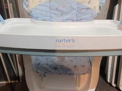 Carter's Press To Adjust Baby High Chair Feeding Seat Blue/Yellow Animal Print