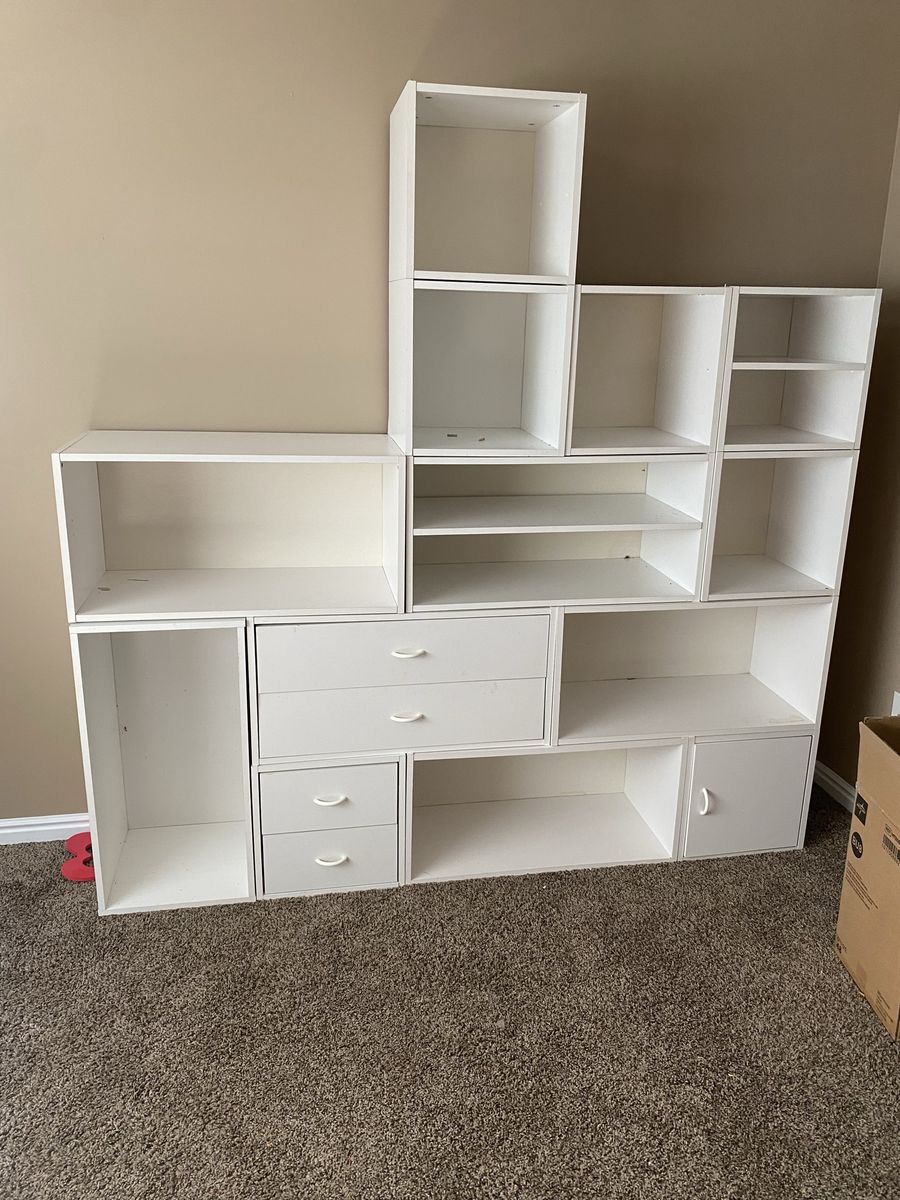 White Modular Storage Cube Organizer with Shelves and Drawers