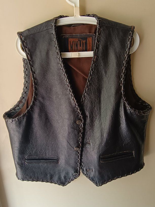 Vintage Winlit Men's Leather Vest Size M Black Braided Trim