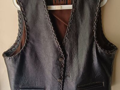Vintage Winlit Men's Leather Vest Size M Black Braided Trim