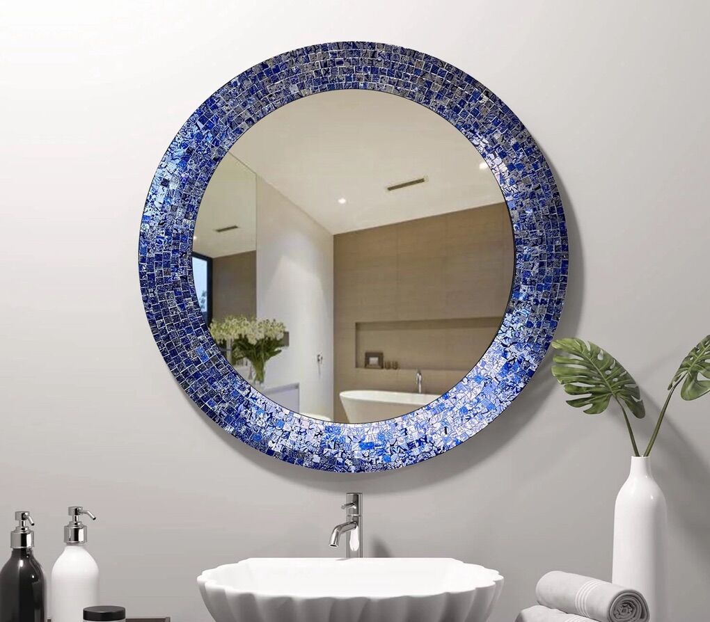 Sapphire And Silver, Handmade Round Mosaic Mirror