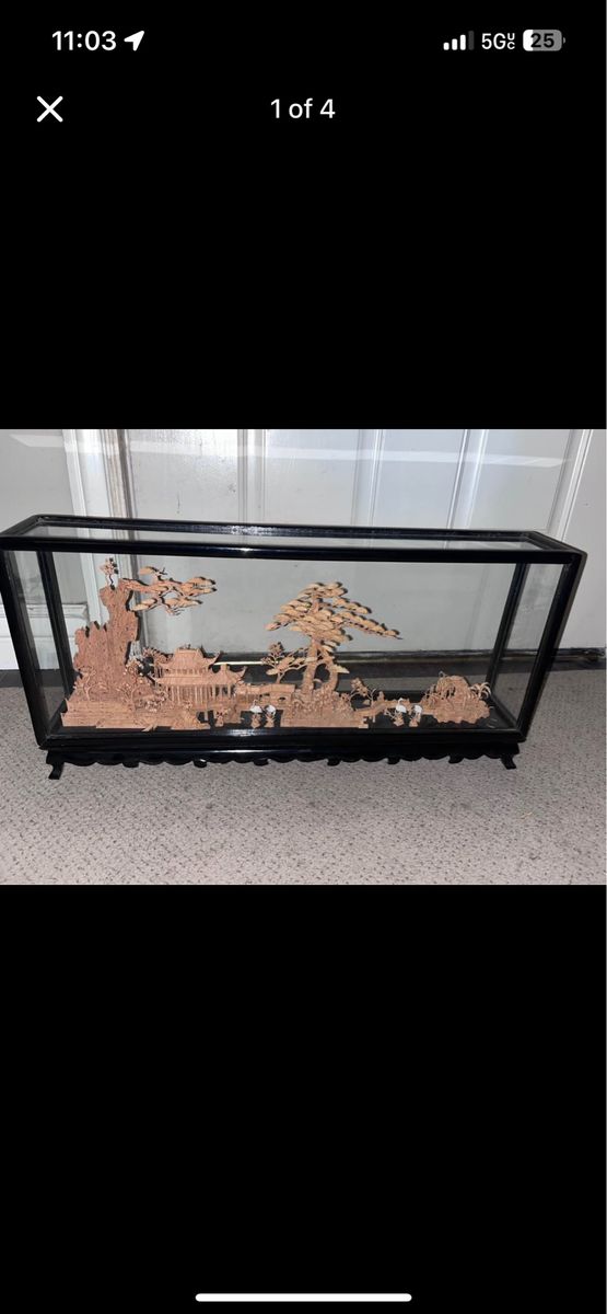 Vintage Hand Carved Cork Diorama in Glass Display Case - Asian Landscape Art Sculpture
