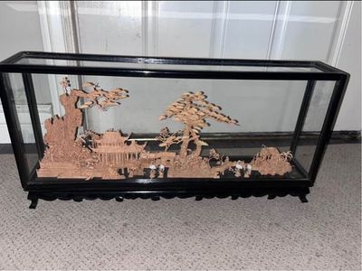 Vintage Hand Carved Cork Diorama in Glass Display Case - Asian Landscape Art Sculpture