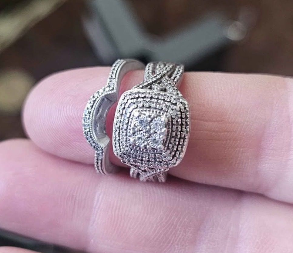 Diamond Engagement Wedding Ring Set Sterling Silver Tone Pave Halo Design