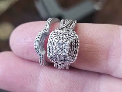 Diamond Engagement Wedding Ring Set Sterling Silver Tone Pave Halo Design