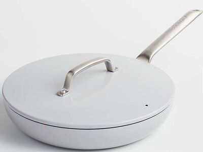 New in Box Crate & Barrel EvenCook Ceramic Grey Nonstick 12" Fry Pan with Lid