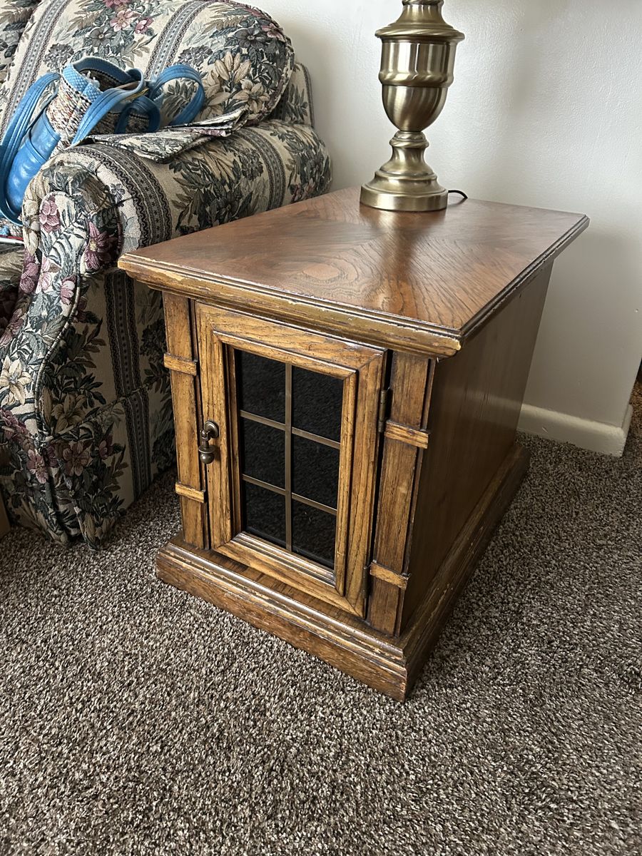 Vintage Wood End Table with Glass Door, Small Side Table for Living Room