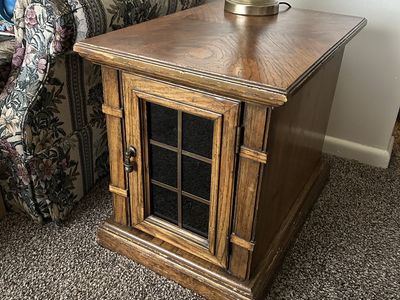 Vintage Wood End Table with Glass Door, Small Side Table for Living Room