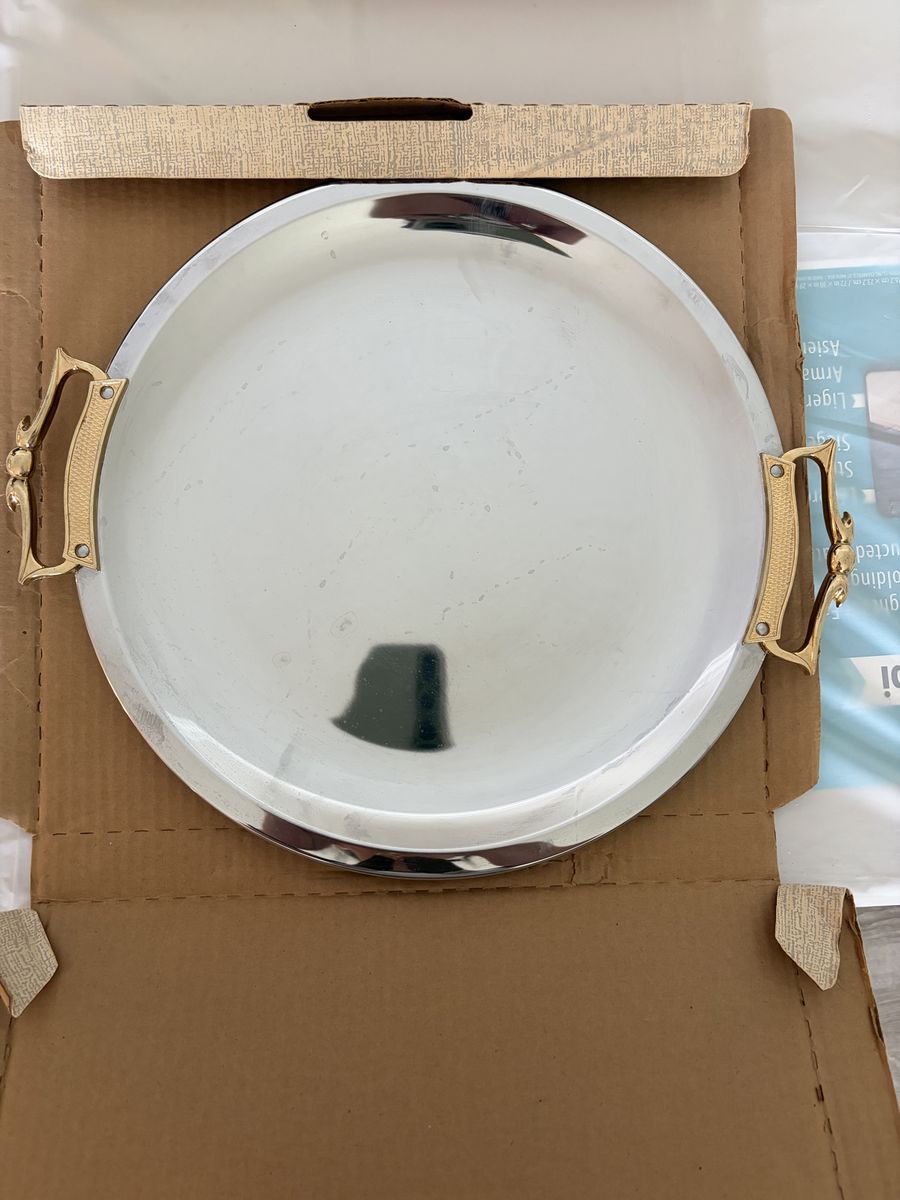 Vintage Kromex Serving Tray Set of 3 Mid Century Chrome Gold Handles Original Boxes Made USA
