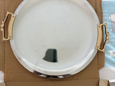 Vintage Kromex Serving Tray Set of 3 Mid Century Chrome Gold Handles Original Boxes Made USA