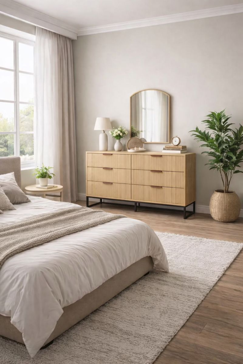 NEW 6 Drawer Dresser Natural Wood Veneer W/black