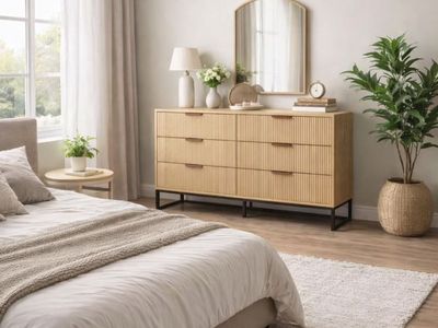 NEW 6 Drawer Dresser Natural Wood Veneer W/black