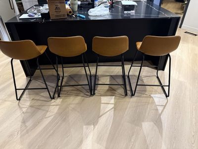 Set of 4 Brown Leather Bar Stools with Black Metal Legs