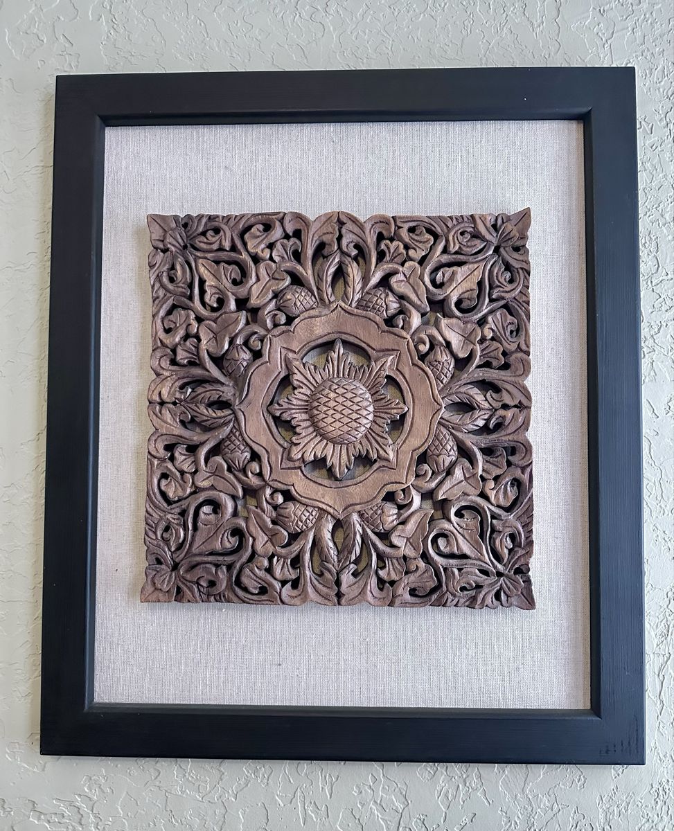Thai style mandala faux hand carved teak panel.