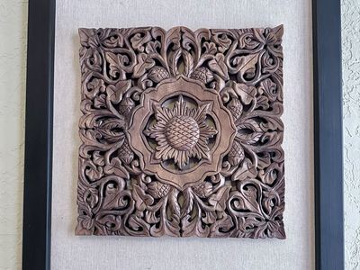 Thai style mandala faux hand carved teak panel.