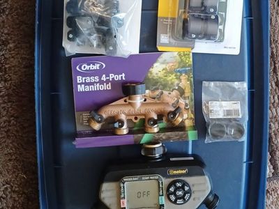 Melnor water timer, Orbit Brass 4-Port Manifold,, & Hose Repair Kits.