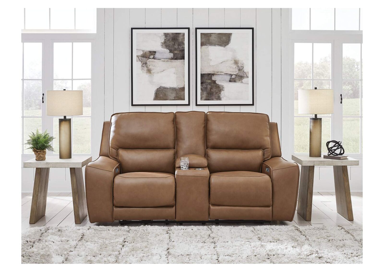 DeepWakes Leather Power Reclining Loveseat with Console - Living Room Furniture - Action Home Furniture
