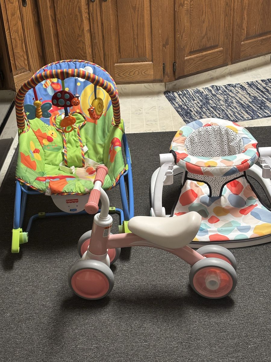 $5 each or $12 for all -FisherPrice Infant-to-Toddler Rocker & Sit-Me-Up Floor Seat with Pink Tricycle